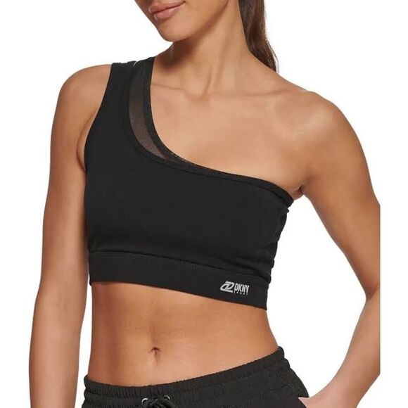Dkny‎ Sport Black Double-Layer One-Shoulder Mesh-Combo Bralette - Picture 1 of 11